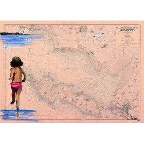 Carte marine peinte sur papier - Jeux de plage à la Tranche sur mer