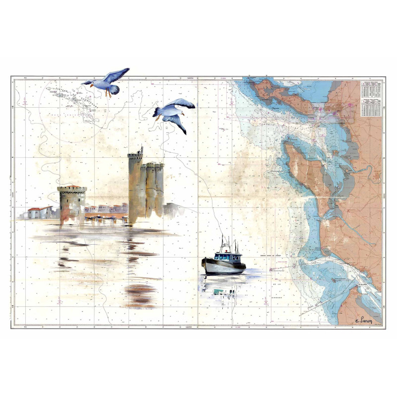 Carte marine peinte sur papier - Tours de la Rochelle
