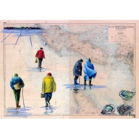 Carte marine peinte sur papier - Pêcheurs à pied dans les Pertuis