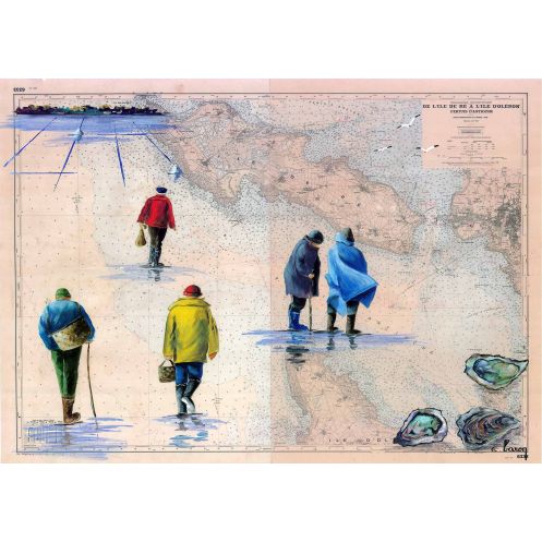 Carte marine peinte sur papier - Pêcheurs à pied dans les Pertuis Carte marine peinte sur papier - Pêcheurs à pied dans les Pertuis