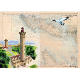 Carte marine peinte sur papier - Phare des baleines sur l'île de Ré