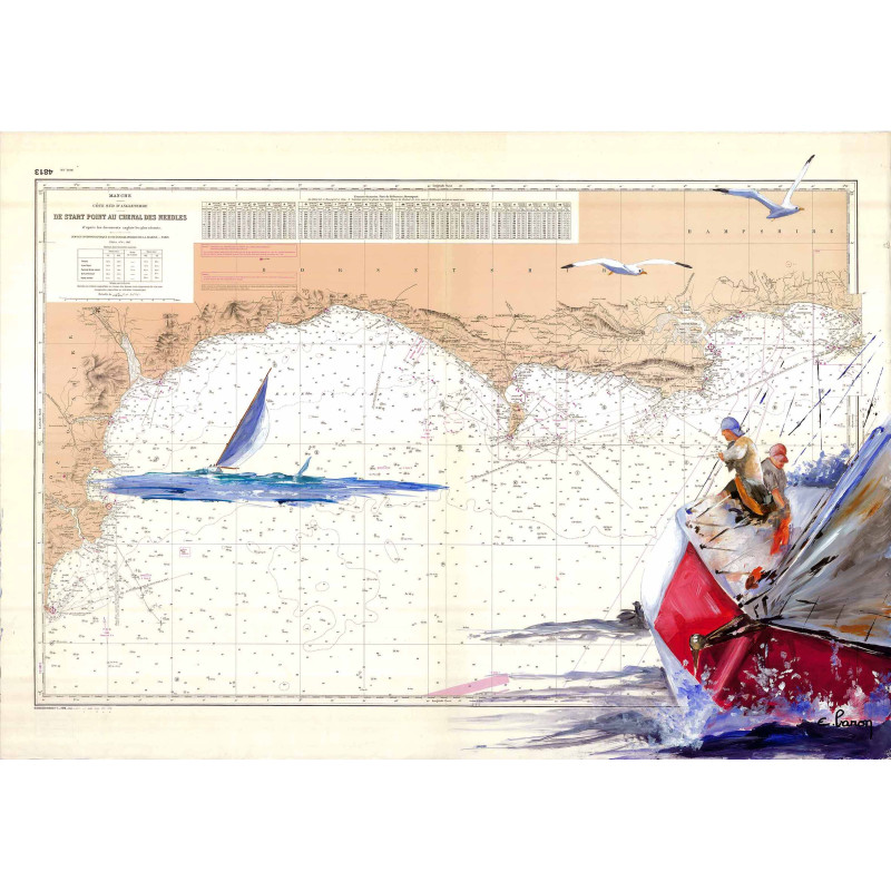Carte marine peinte sur papier - Sortie du chenal des Needles