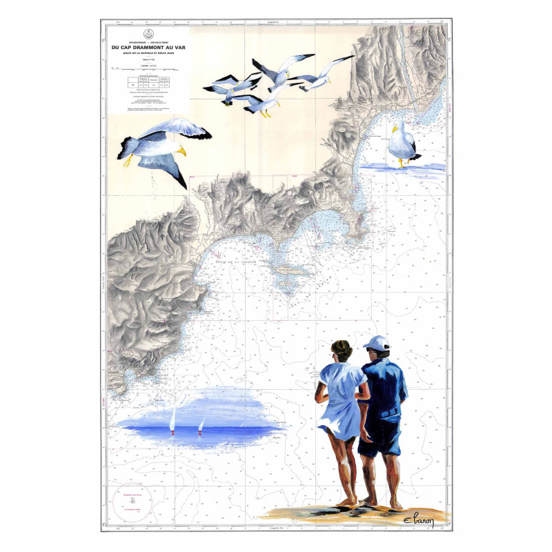 Carte marine peinte sur papier - Promenade à Cannes
