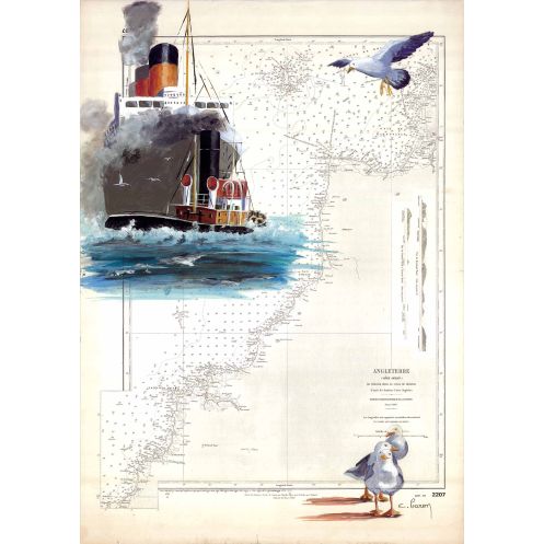 Carte marine peinte sur papier - Lundy island