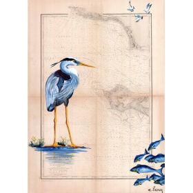 Carte marine peinte sur papier - Héron de l'île de Ré