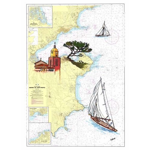 Toile sur chassis bois carte marine peinte - Régate à Saint Tropez