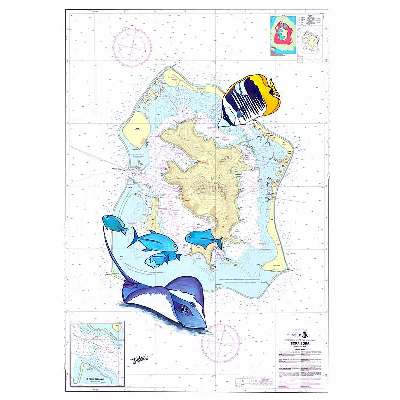 Toile sur chassis bois carte marine peinte - Plongée à Bora Bora