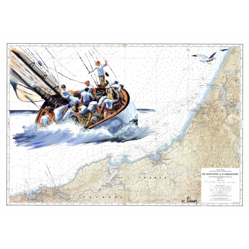 Toile sur chassis bois carte marine peinte - A la gite sur la côte Basque