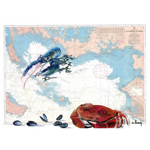 Toile sur chassis bois carte marine peinte - Coquillages et crustacés au Croisic