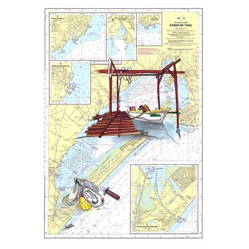 Toile sur chassis bois carte marine peinte - Dégustation sur l'étang de Thau Toile sur chassis bois carte marine peinte - Dégustation sur l'étang de Thau