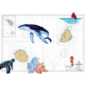Toile sur chassis bois carte marine peinte - Baleine entre Réunion et Maurice