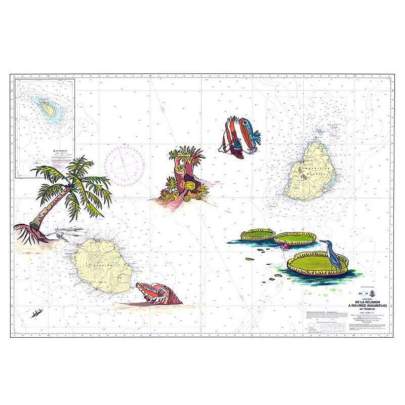 Toile sur chassis bois carte marine peinte - Iles de la Réunion