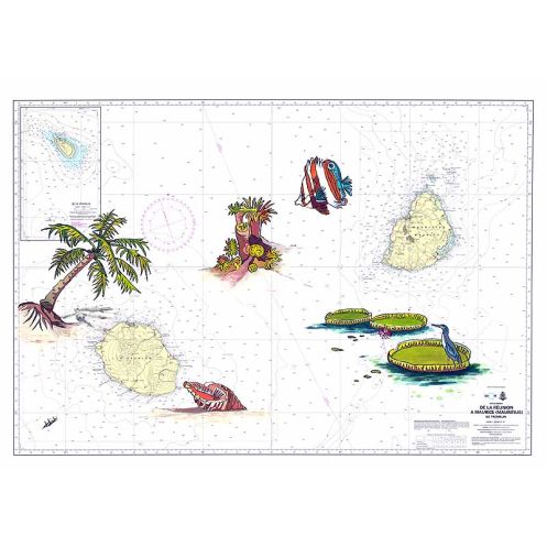 Toile sur chassis bois carte marine peinte - Iles de la Réunion Toile sur chassis bois carte marine peinte - Iles de la Réunion