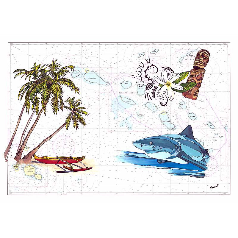 Toile sur chassis bois carte marine peinte - Archipel des Tuamotu