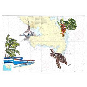 Toile sur chassis bois carte marine peinte - Bons baisers de Fort de France