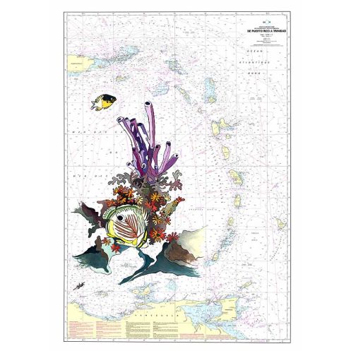 Toile sur chassis bois carte marine peinte - Croisière de Puerto Rico à Trinidad Toile sur chassis bois carte marine peinte - Croisière de Puerto Rico à Trinidad