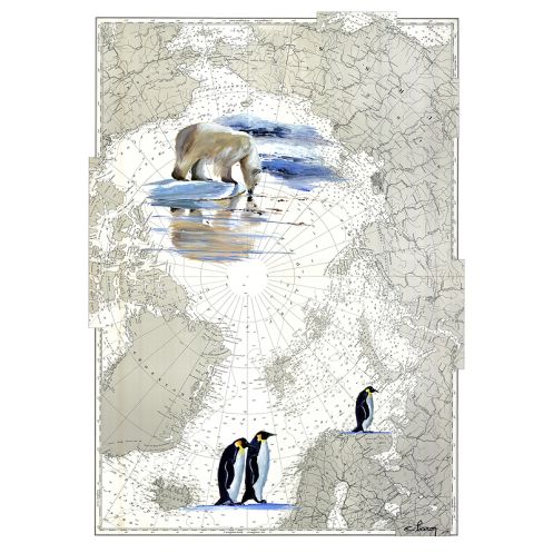 Toile sur chassis bois carte marine peinte - Grand nord Arctique