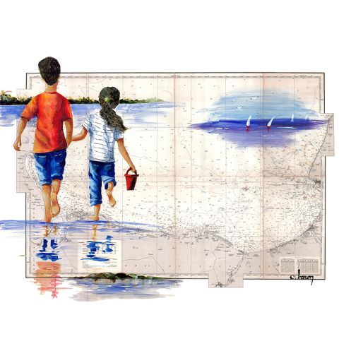 Toile sur chassis bois carte marine peinte - Souvenirs de Cabourg