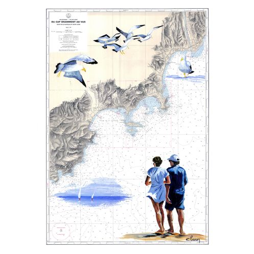 Toile sur chassis bois carte marine peinte - Promenade à Cannes Toile sur chassis bois carte marine peinte - Promenade à Cannes