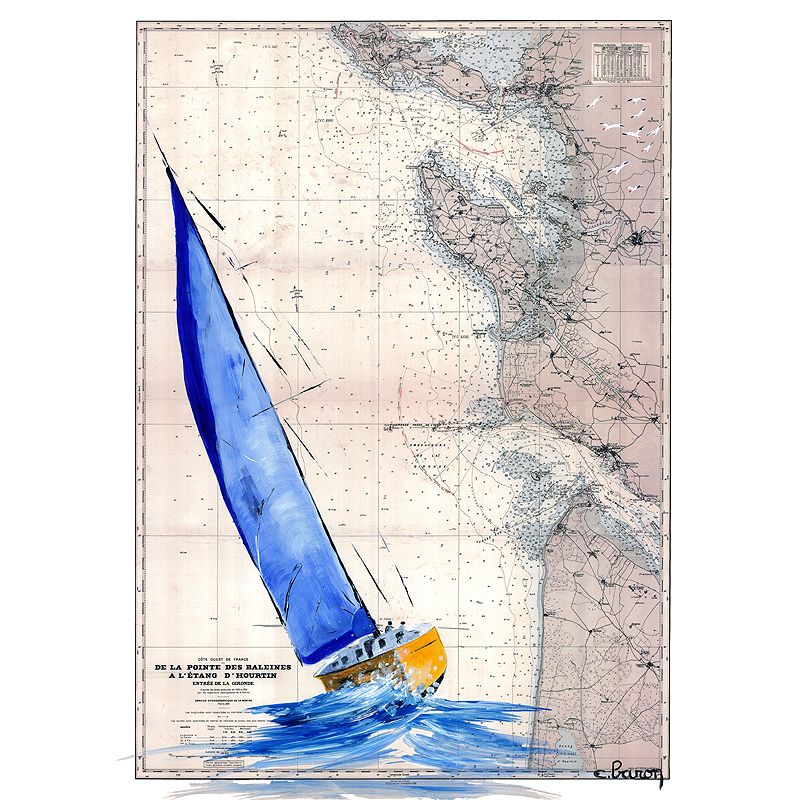 Toile sur chassis bois carte marine peinte - Vent d'est à Hourtin