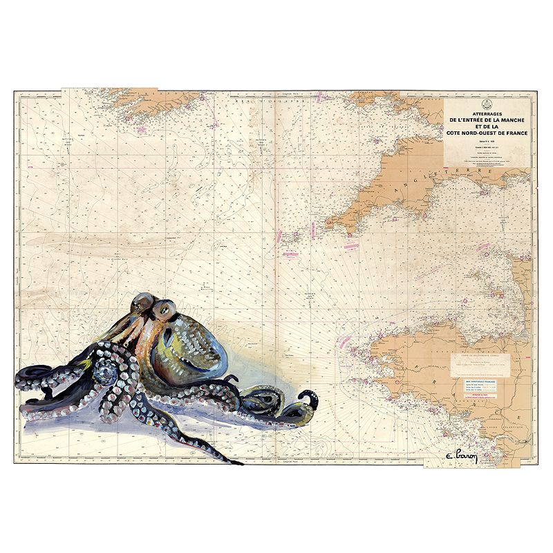Toile sur chassis bois carte marine peinte - Gardien de la manche