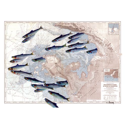 Toile sur chassis bois carte marine peinte - Escadrille de pêche à Pornic Toile sur chassis bois carte marine peinte - Escadrille de pêche à Pornic