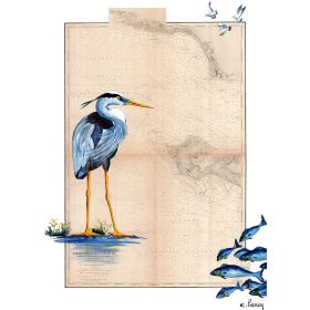 Toile sur chassis bois carte marine peinte - Héron de l'île de Ré