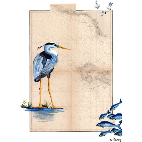 Toile sur chassis bois carte marine peinte - Héron de l'île de Ré Toile sur chassis bois carte marine peinte - Héron de l'île de Ré