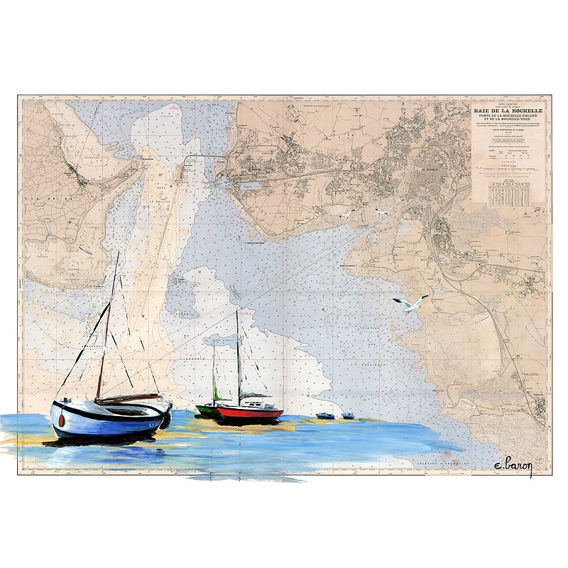 Toile sur chassis bois carte marine peinte - Echouage à la Rochelle