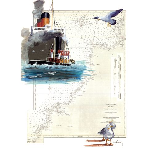 Toile sur chassis bois carte marine peinte - Lundy island