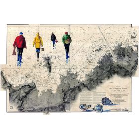 Toile sur chassis bois carte marine peinte - Pêche à pied à Perros Guirec