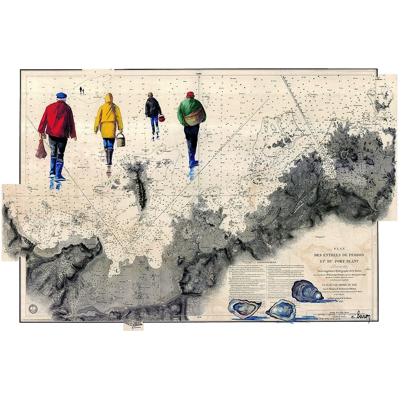 Toile sur chassis bois carte marine peinte - Pêche à pied à Perros Guirec