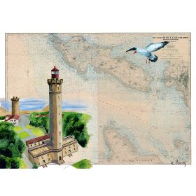 Toile sur chassis bois carte marine peinte - Phare des baleines sur l'île de Ré