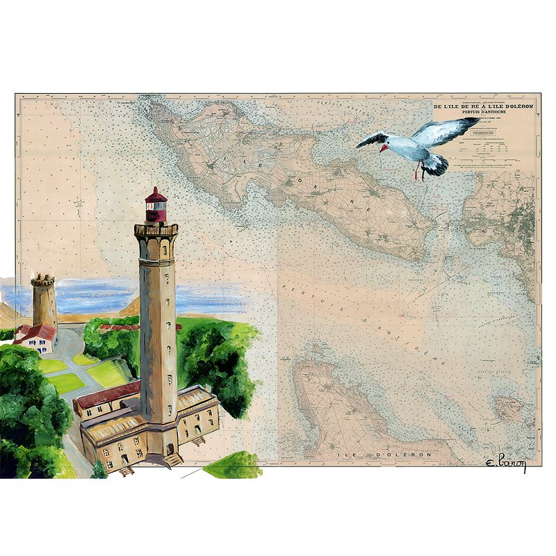 Toile sur chassis bois carte marine peinte - Phare des baleines sur l'île de Ré