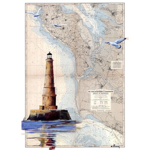 Toile sur chassis bois carte marine peinte - Phare de Cordouan Toile sur chassis bois carte marine peinte - Phare de Cordouan
