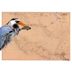 Toile sur chassis bois carte marine peinte - Héron du Pertuis Breton