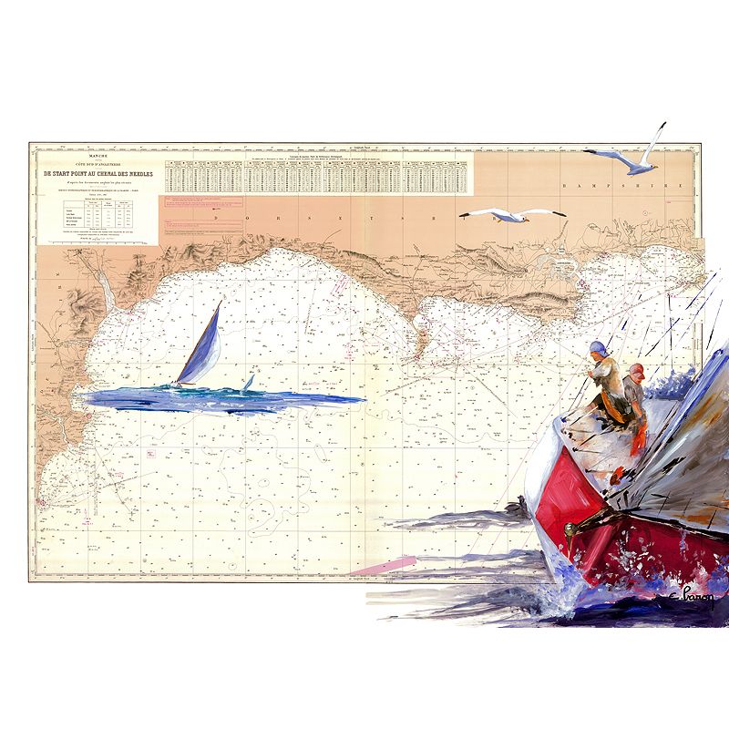 Toile sur chassis bois carte marine peinte - Sortie du chenal des Needles