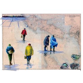 Toile sur chassis bois carte marine peinte - Pêcheurs à pied dans les Pertuis