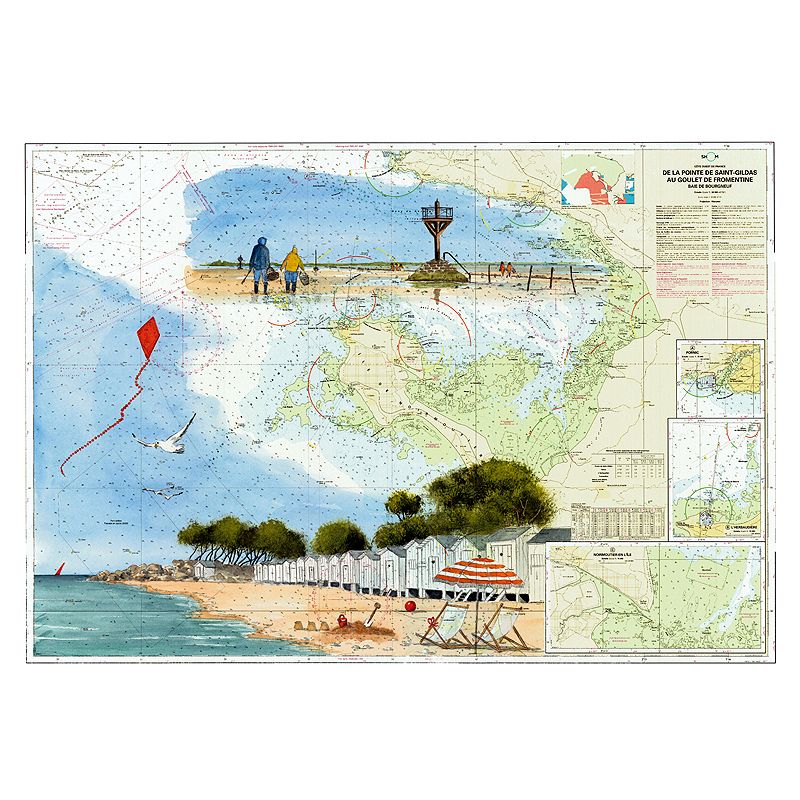 Toile sur chassis bois carte marine peinte - Promenade à Noirmoutier