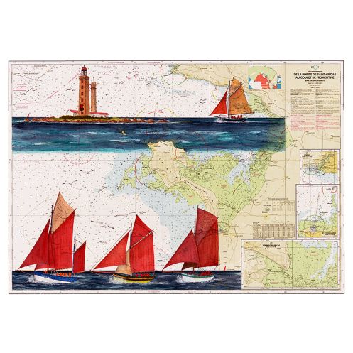 Toile sur chassis bois carte marine peinte - Régate de vieux gréements à Noirmoutier Toile sur chassis bois carte marine peinte - Régate de vieux gréements à Noirmoutier