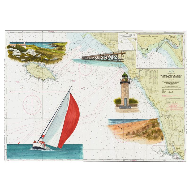 Toile sur chassis bois carte marine peinte - Côte de lumière