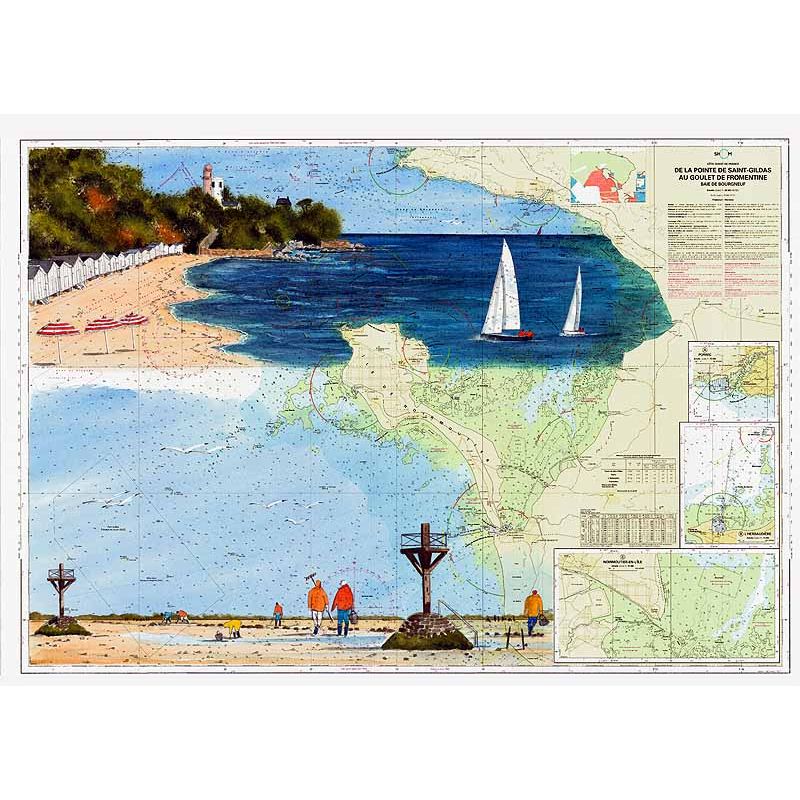 Carte marine peinte sur papier - Passage du gois à Noirmoutier