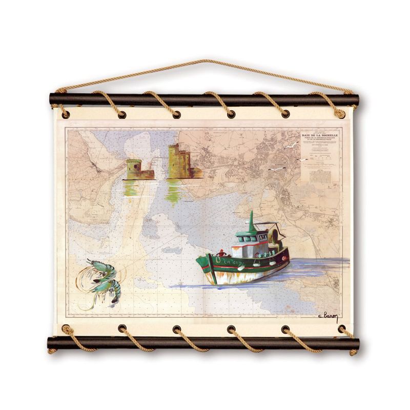 Toile tendue coton carte marine peinte - Thonier de la Rochelle