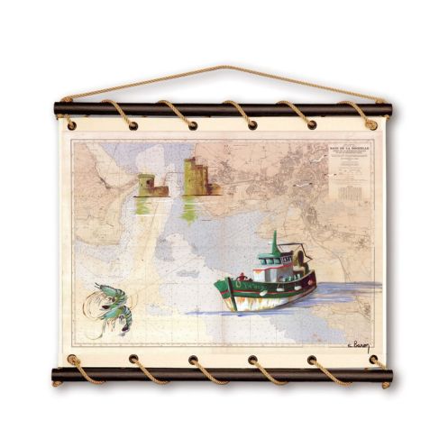 Toile tendue coton carte marine peinte - Thonier de la Rochelle Toile tendue coton carte marine peinte - Thonier de la Rochelle