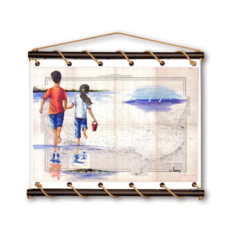 Toile tendue coton carte marine peinte - Souvenirs de Cabourg