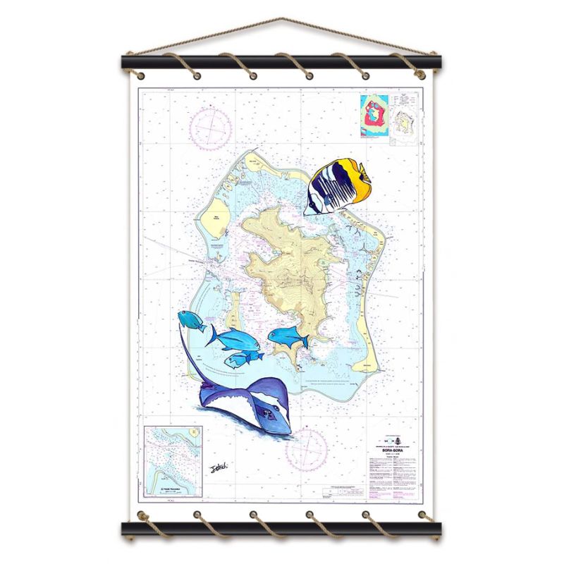 Toile tendue coton carte marine peinte - Plongée à Bora Bora