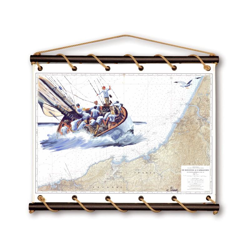 Toile tendue coton carte marine peinte - A la gite sur la côte Basque