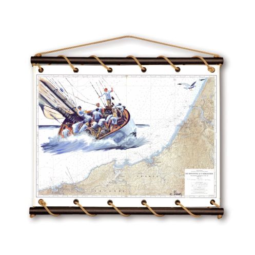 Toile tendue coton carte marine peinte - A la gite sur la côte Basque Toile tendue coton carte marine peinte - A la gite sur la côte Basque