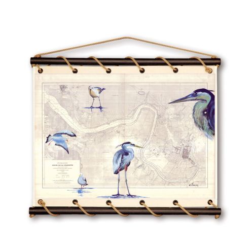 Toile tendue coton carte marine peinte - Escadrille charentaise Toile tendue coton carte marine peinte - Escadrille charentaise
