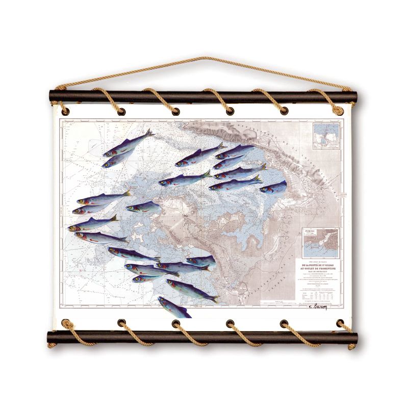 Toile tendue coton carte marine peinte - Escadrille de pêche à Pornic